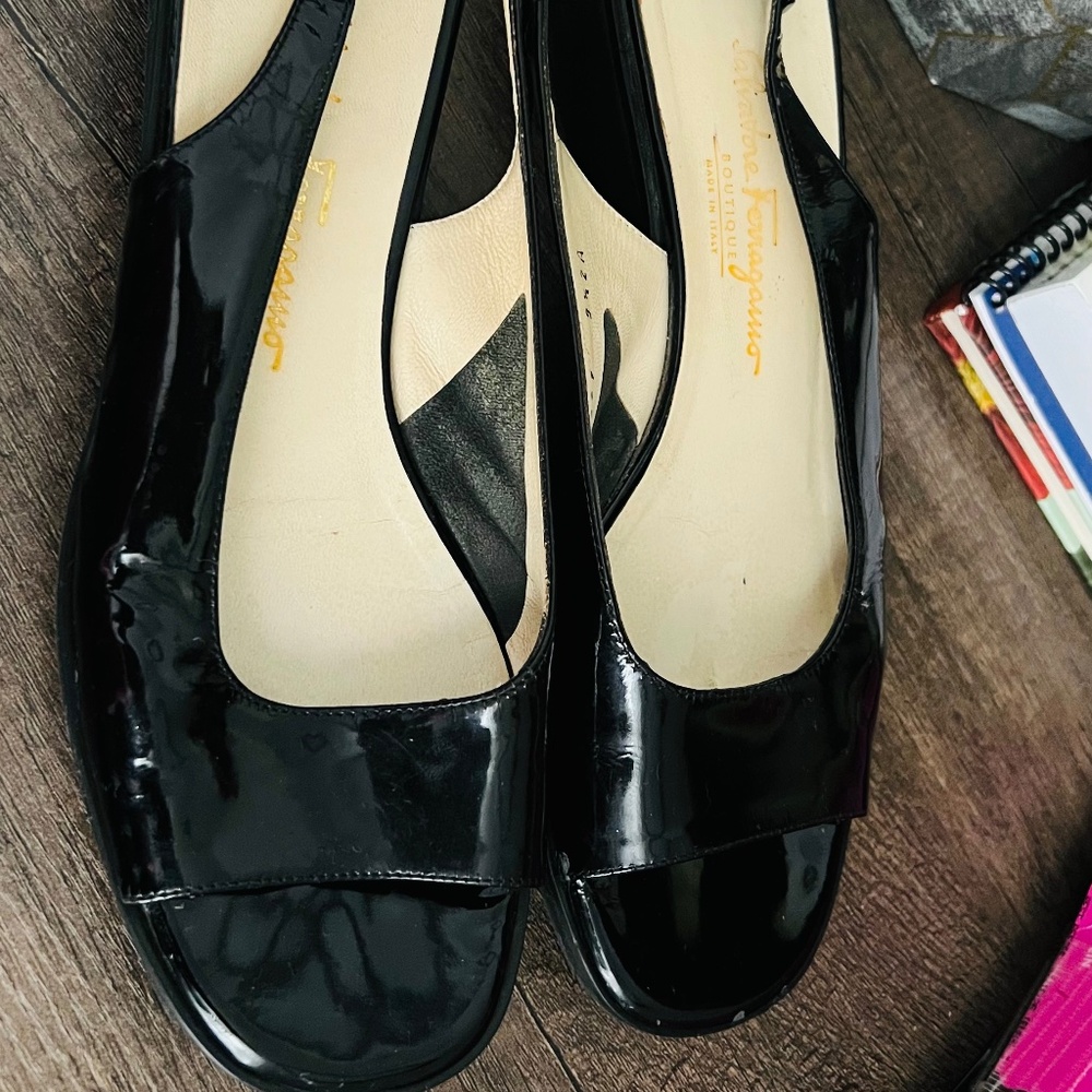 Ferragamo patent leather sandals.